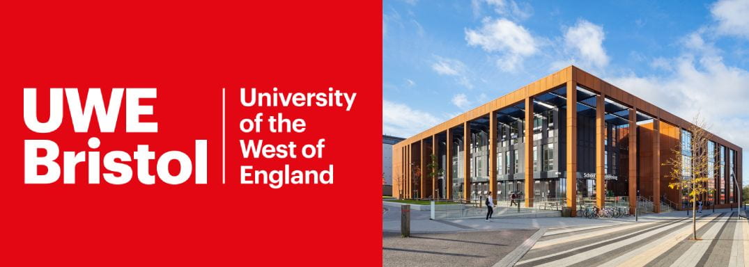 Split image, with the UWE logo in red on the left hand side and a photo of the UWE campus on the right. The campus is a modern wood and glass building against a blue sky.